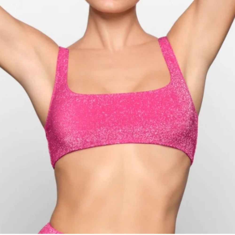 NEW Good American Sparkle Metallic Bikini Top Knockout Pink Scoop Square Neck 0